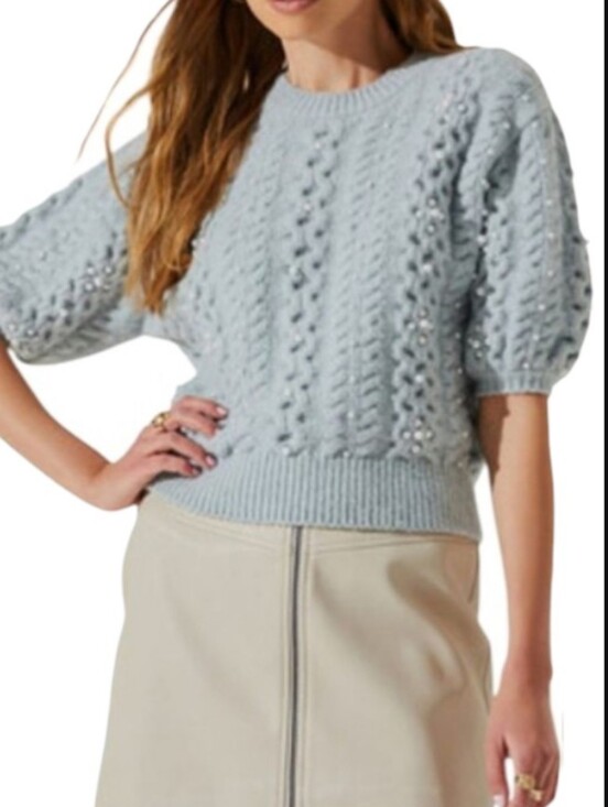 Astr Sweaters - ASTR Koami Pearl Embellished Cableknit Sweater Haze Blue
